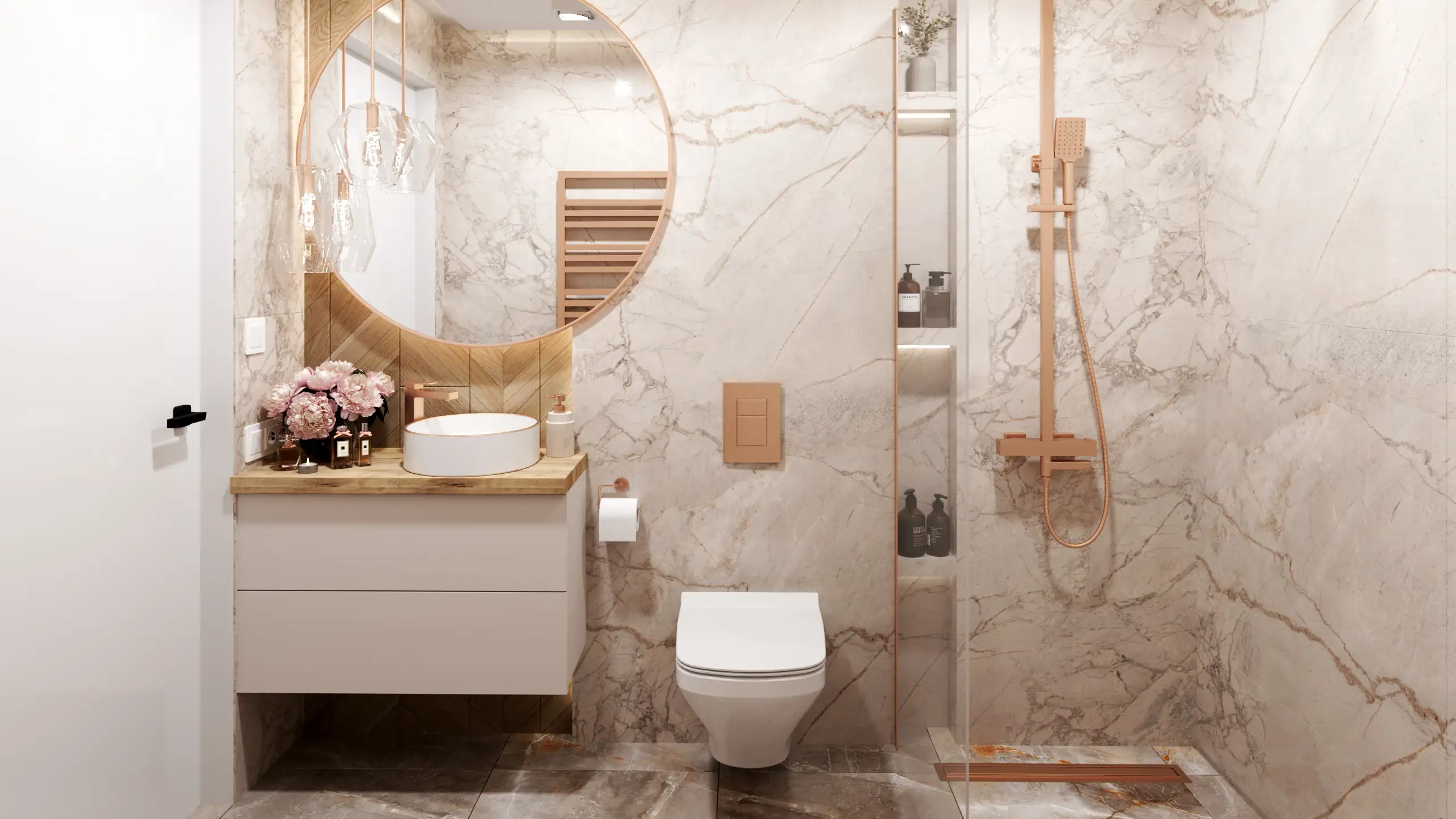 Render of a small bathroom in beige, gold and natural wood under artificial light
