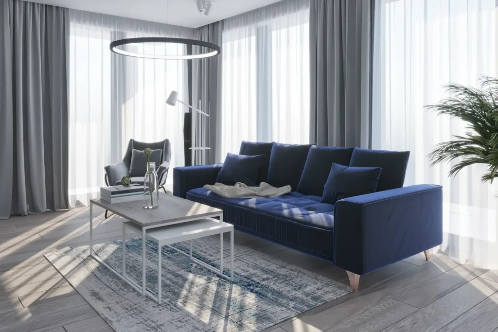 3D render of a living room with a navy sofa and large windows