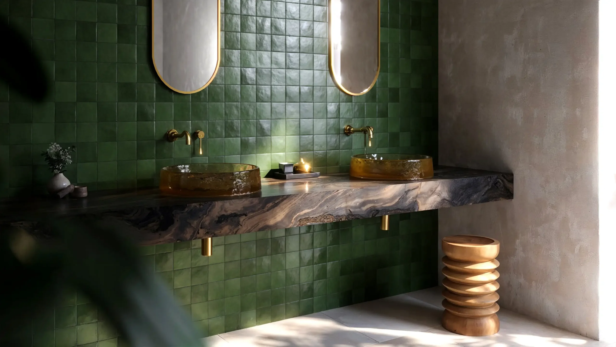 Render of a bathroom with green zellige tiles, brass fittings and two basins