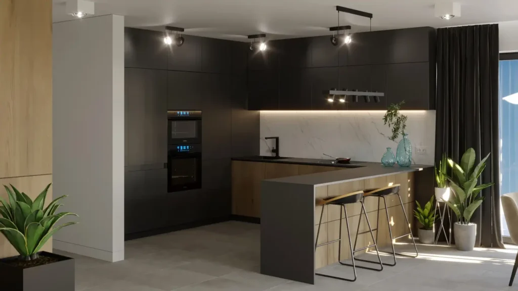 3D render of a black kitchen with a peninsula, timber worktop and bar stools
