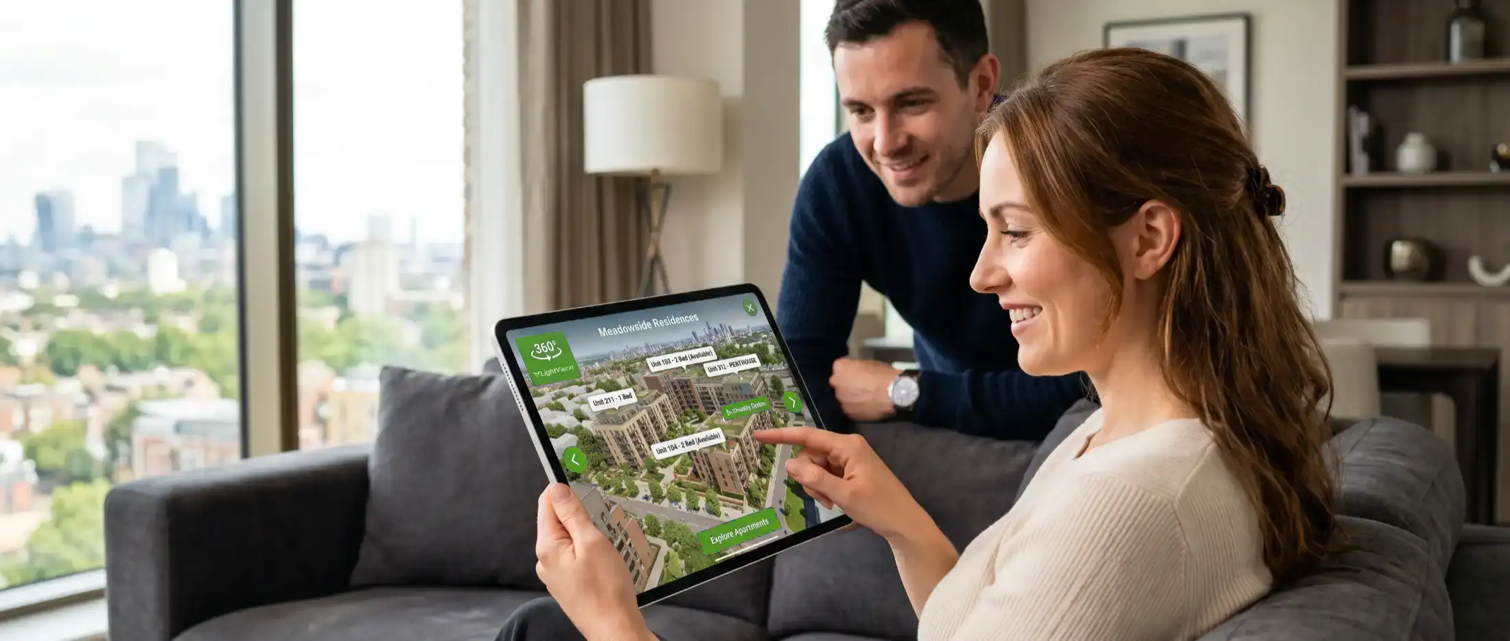 Interactive 3D masterplan of a development with highlighted buildings and available units