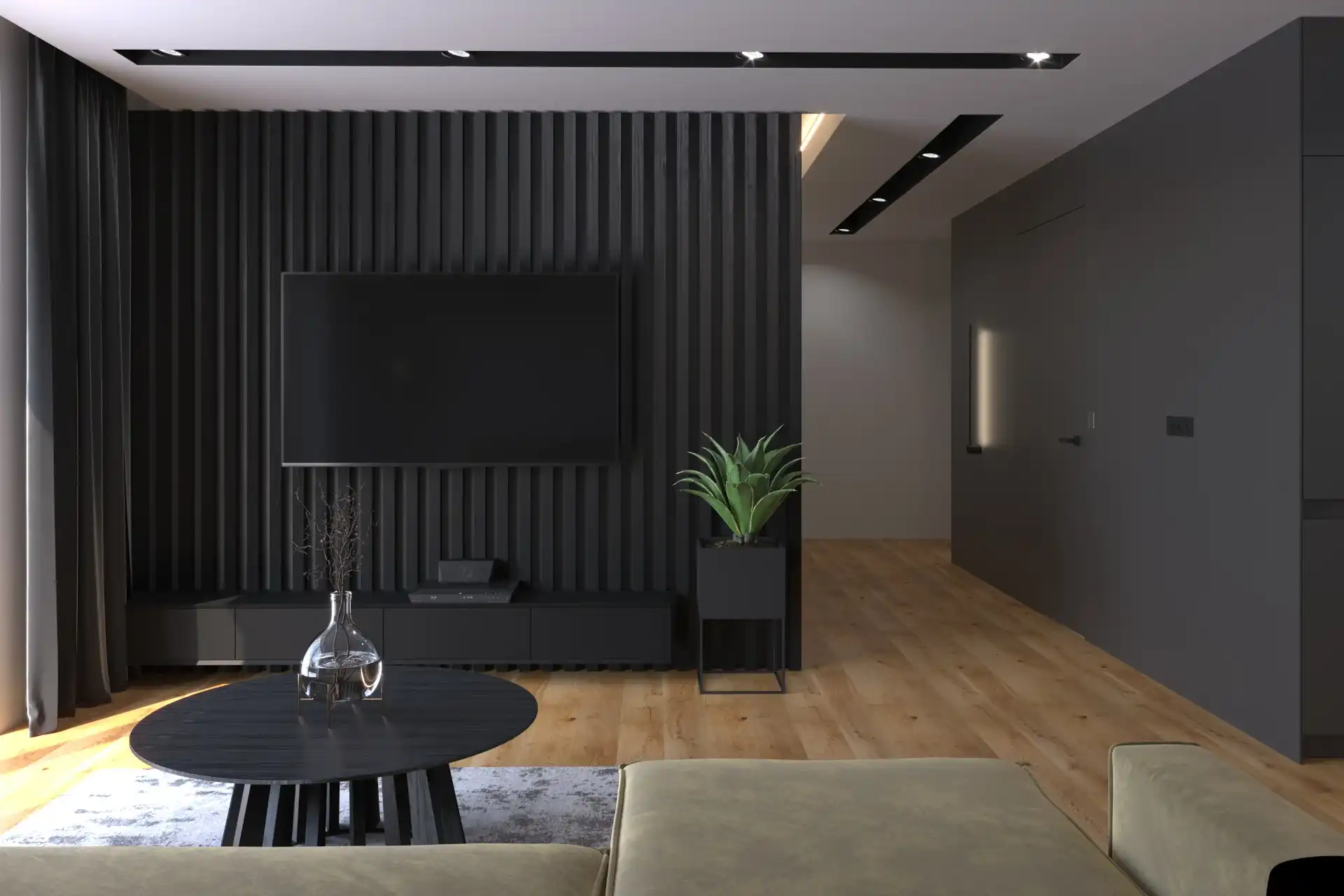 3D render of a living room with a dark slatted feature wall and TV