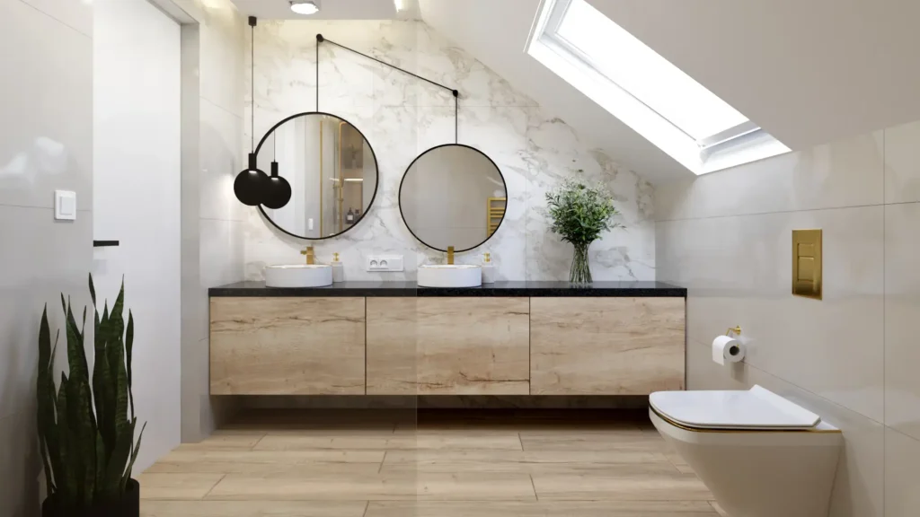 3D render of a loft bathroom with a roof window, two basins and a timber vanity