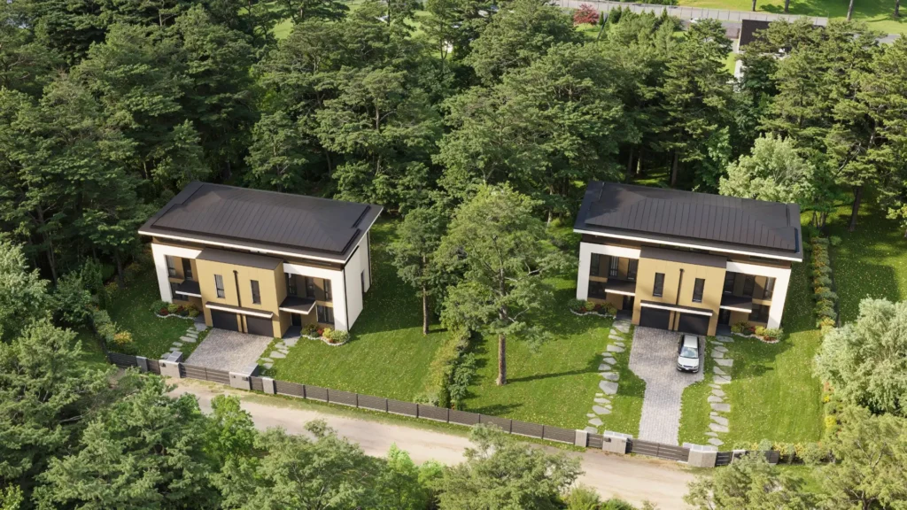 Wizualizacja z lotu ptaka domów osiedla Zielona Village wśród drzew Puszczy Kampinoskiej