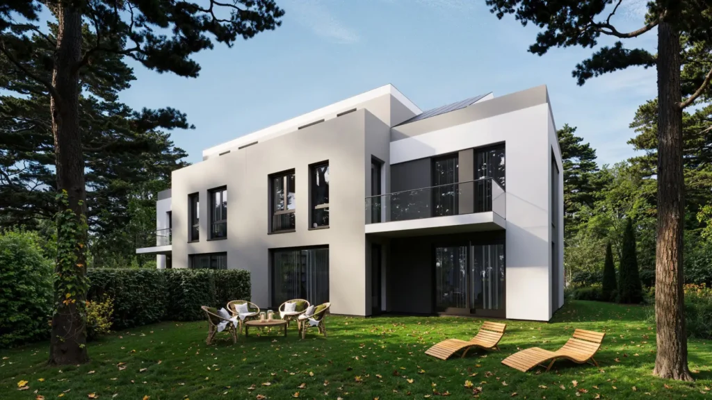 3D render of modern semi-detached houses among pine trees
