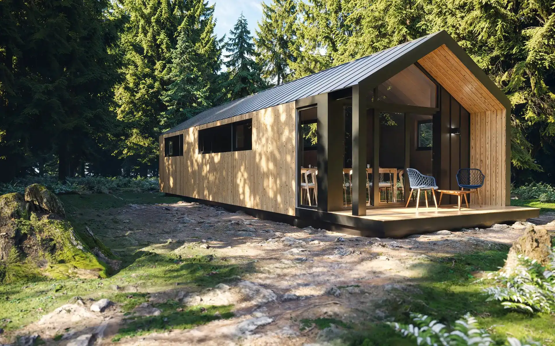 3D render of a timber house with large glazing and a terrace in the forest