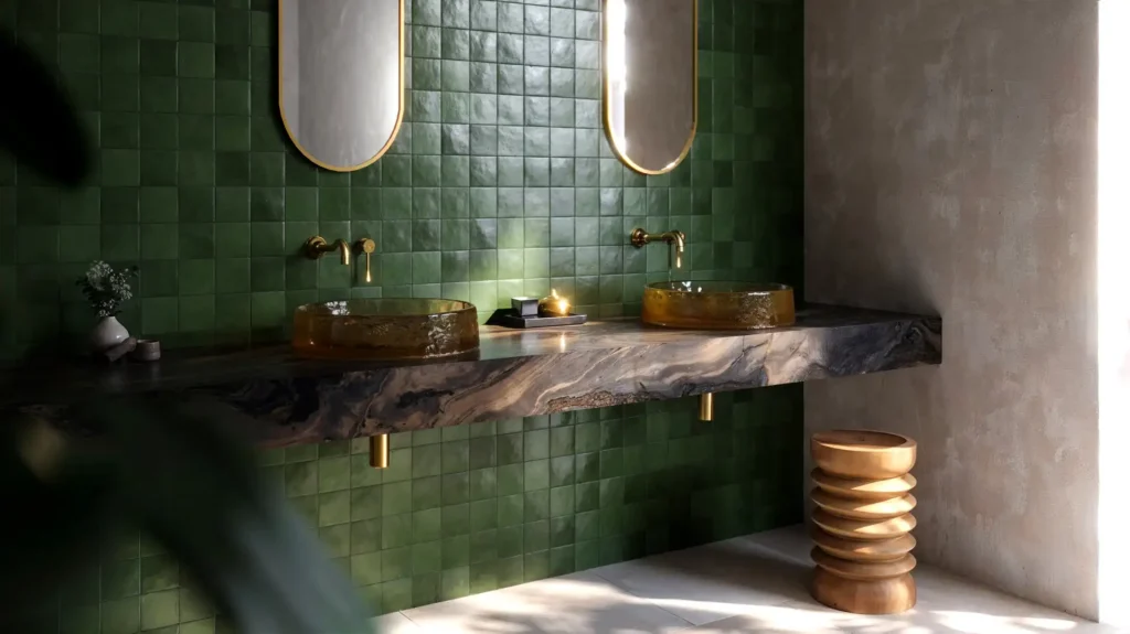 Render of a bathroom with Waxman Ceramics handmade zellige tiles