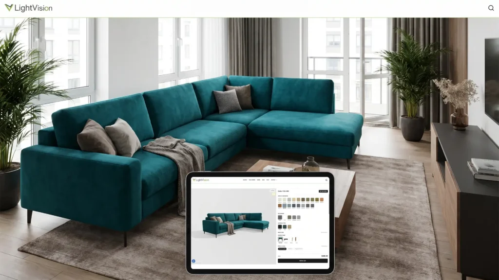 3D furniture configurator with upholstery and size options