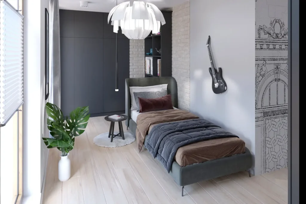 Wizualizacja 3D pokoju młodzieżowego z szarym łóżkiem i gitarą na ścianie
