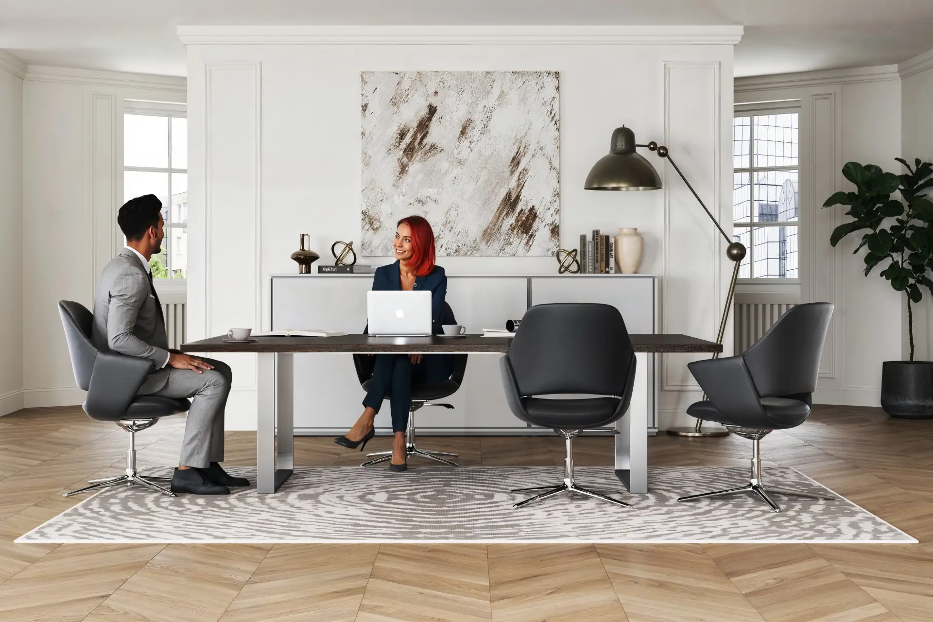 3D render of office furniture: a conference table and swivel chairs in a bright office