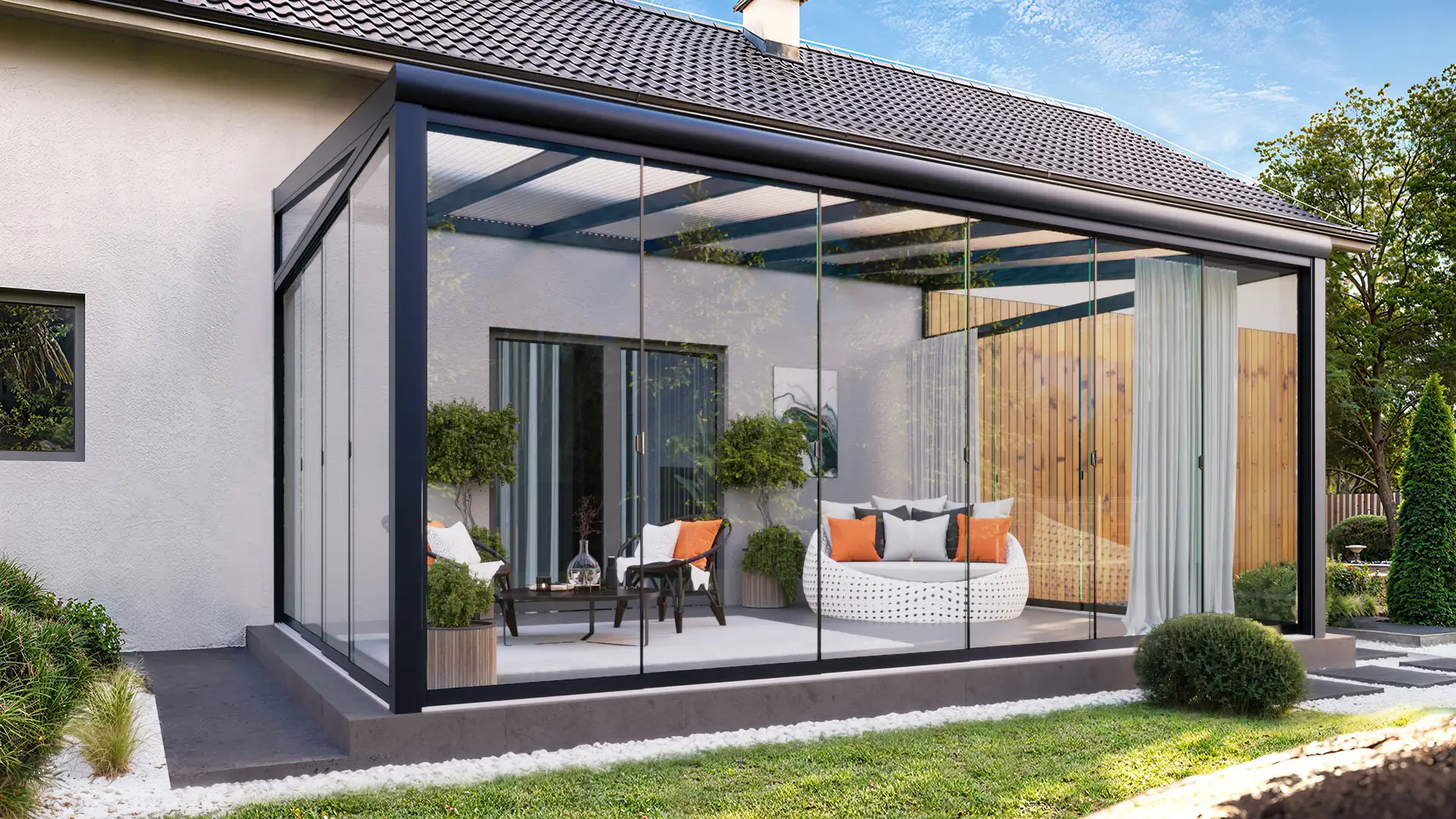 3D render of a Stimeo Modern PRO conservatory with anthracite aluminium profiles against a bungalow facade