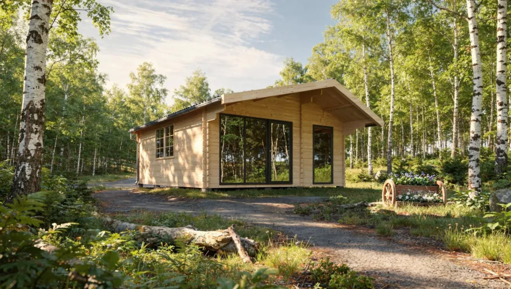 Renders of timber cabins with large glazing in a birch forest