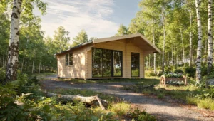Renders of timber cabins with large glazing in a birch forest