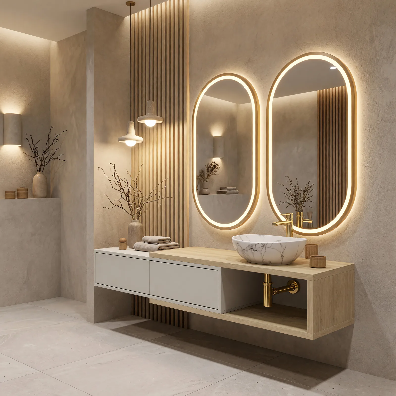 Aranżacja AI łazienki z tym samym zestawem Comad Daisy Cashmere i podświetlanymi owalnymi lustrami