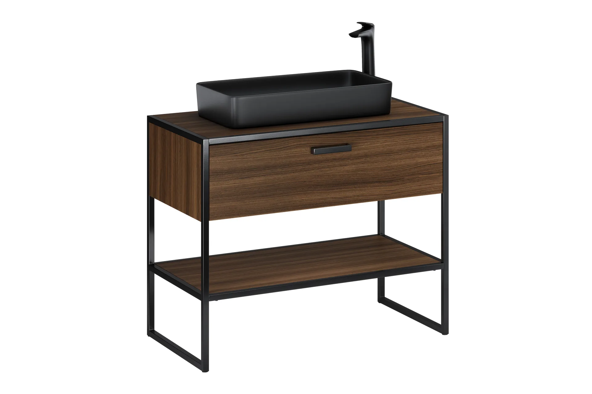 Packshot of a Comad Brooklyn Franklin bathroom cabinet with a walnut front, black frame and countertop basin