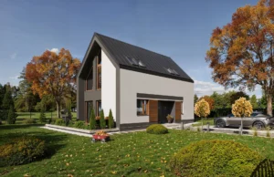 3D render of an Unno modular house with a gable roof and a glazed gable among autumn trees