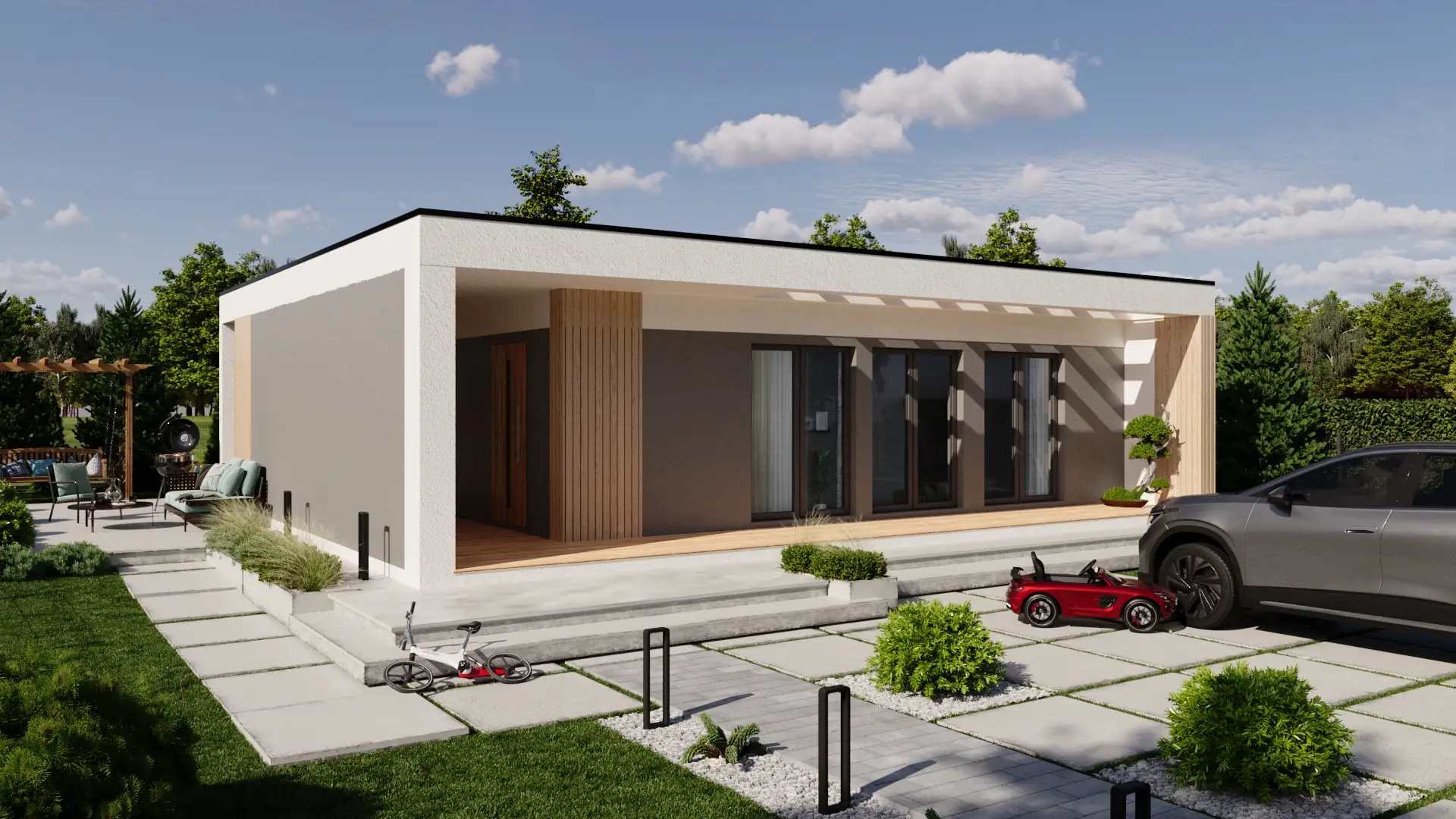 Wizualizacja 3D parterowego domu Unno z płaskim dachem, zadaszonym tarasem i podjazdem z płyt betonowych